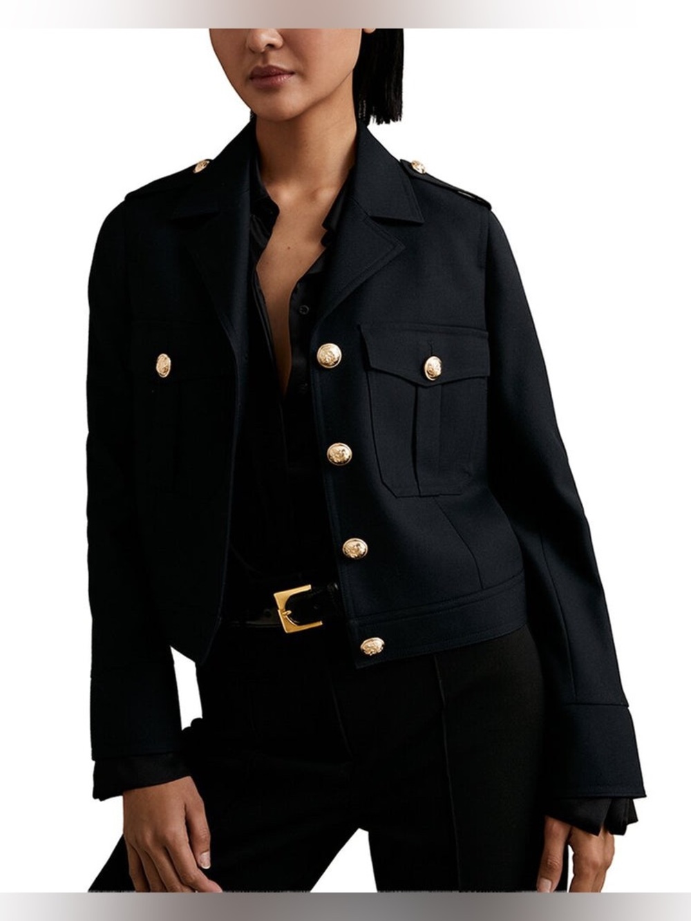 REISS Black Military Cropped Jacket Gold Crest Buttons Size 8 NWOT - Picture 3 of 10